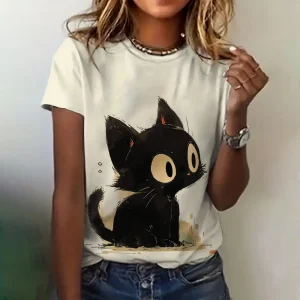 Women's T-shirt Summer Casual Crew Neck Short Sleeve Cute Cat Print Top Loose Half Sleeve Fashion Trend Clothing Women's T-shirt