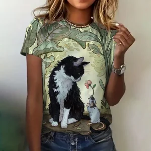 T-shirt Women's Clothing Fashion Crew Neck Short Sleeve Cat Comic Top Summer Loose Clothing Casual Clothing Women's T-shirt New