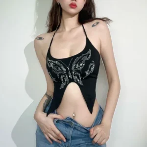 Y2K Tops Sexy Women Clothing Butterfly Asymmetric Camisole Top Summer Night Club High Street Women's Sleeveless Crop Tank Tops